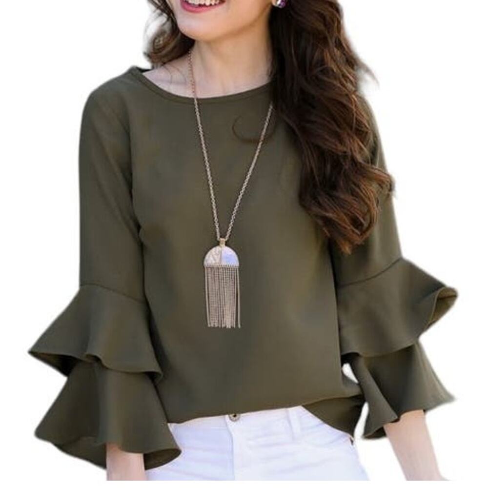 J.CREW Lana Olive Green Tiered Double Bells Sleeve Crepe Blouse ~ Women's 0